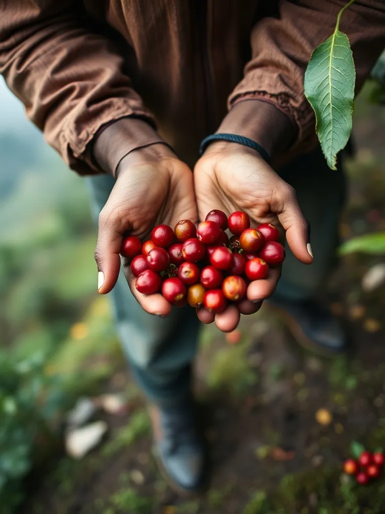 Tangan petani Turgo memegang buah kopi merah