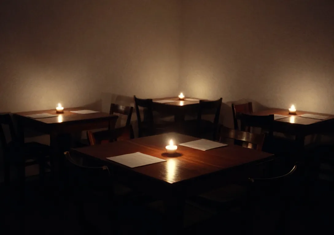 The small candlelit dining room with dark wood tables set close together