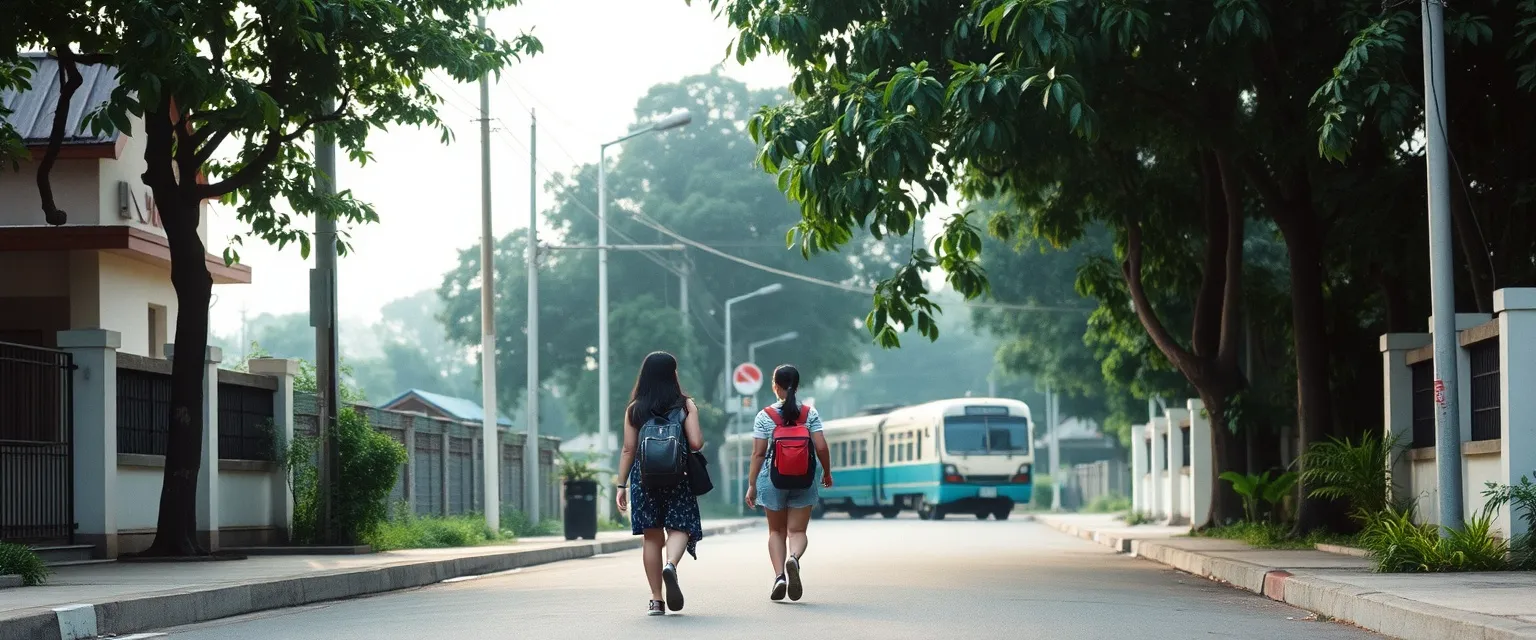 Jalan kampung menuju Stasiun Pondok Cina dengan mahasiswi berjalan pagi hari