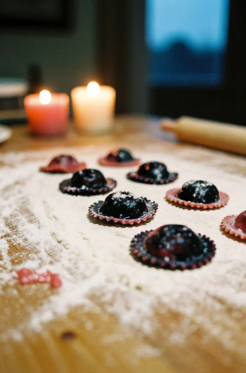 Hand-pinched ravioli and pici on a floured table