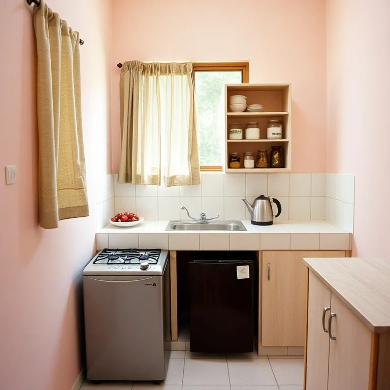 Dapur bersama di lantai bawah dengan kompor, kulkas dan rak bumbu