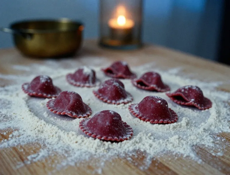 Folded agnolotti resting on semolina
