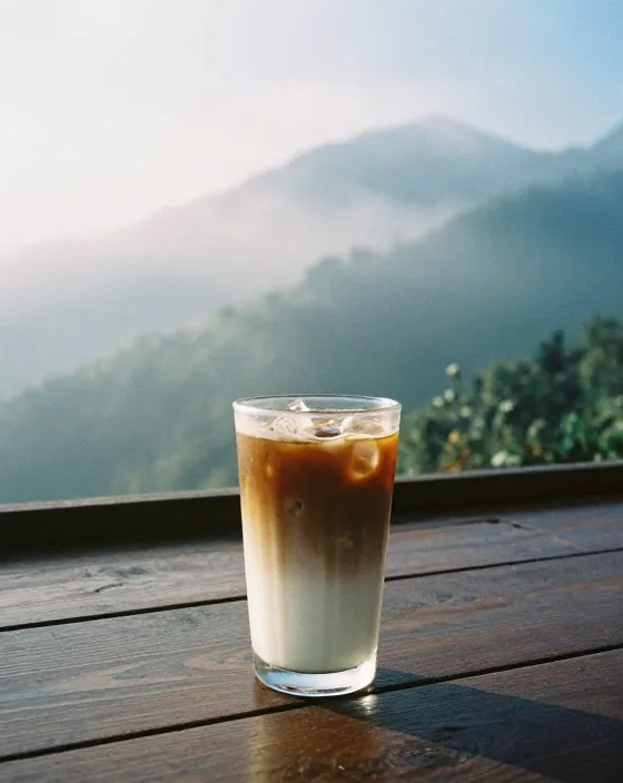 Es kopi susu gula aren di meja teras