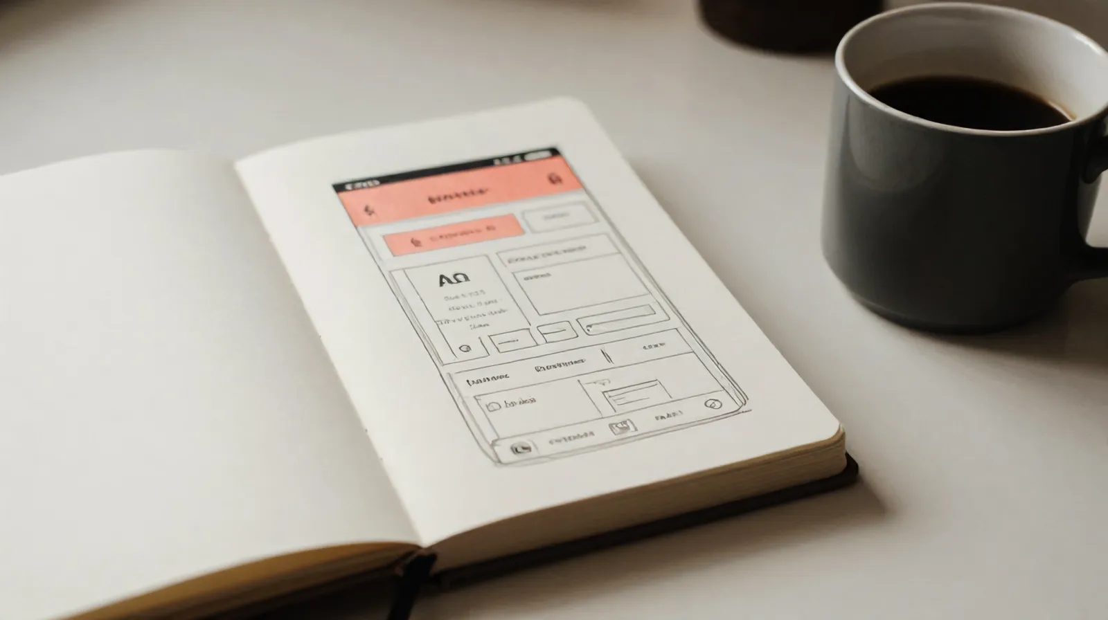Sketchbook with app wireframes on a table