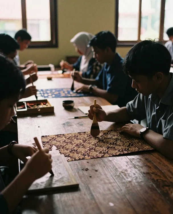 Peserta kelas membatik memegang canting di meja panjang