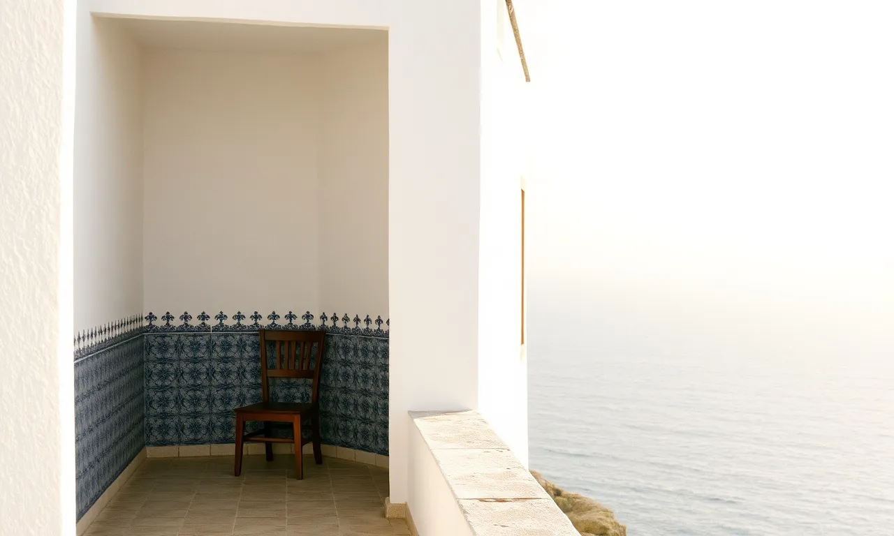 A whitewashed corner of the house with a chair, the open Atlantic beyond
