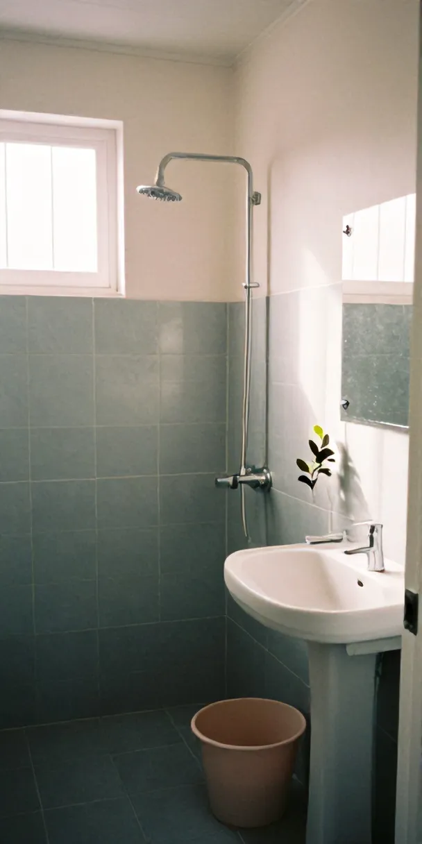 Kamar mandi dalam yang bersih dengan keramik, shower, wastafel, dan gayung