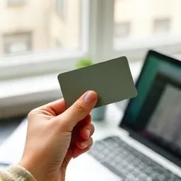 A bank card held over a laptop