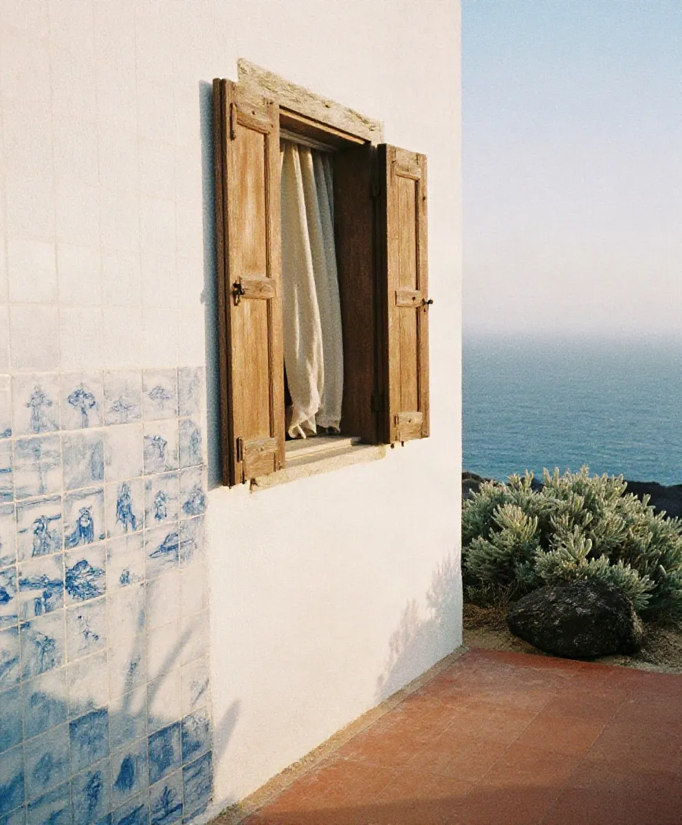 Blue azulejo tiles on a whitewashed wall beside an open wooden shutter, the sea beyond