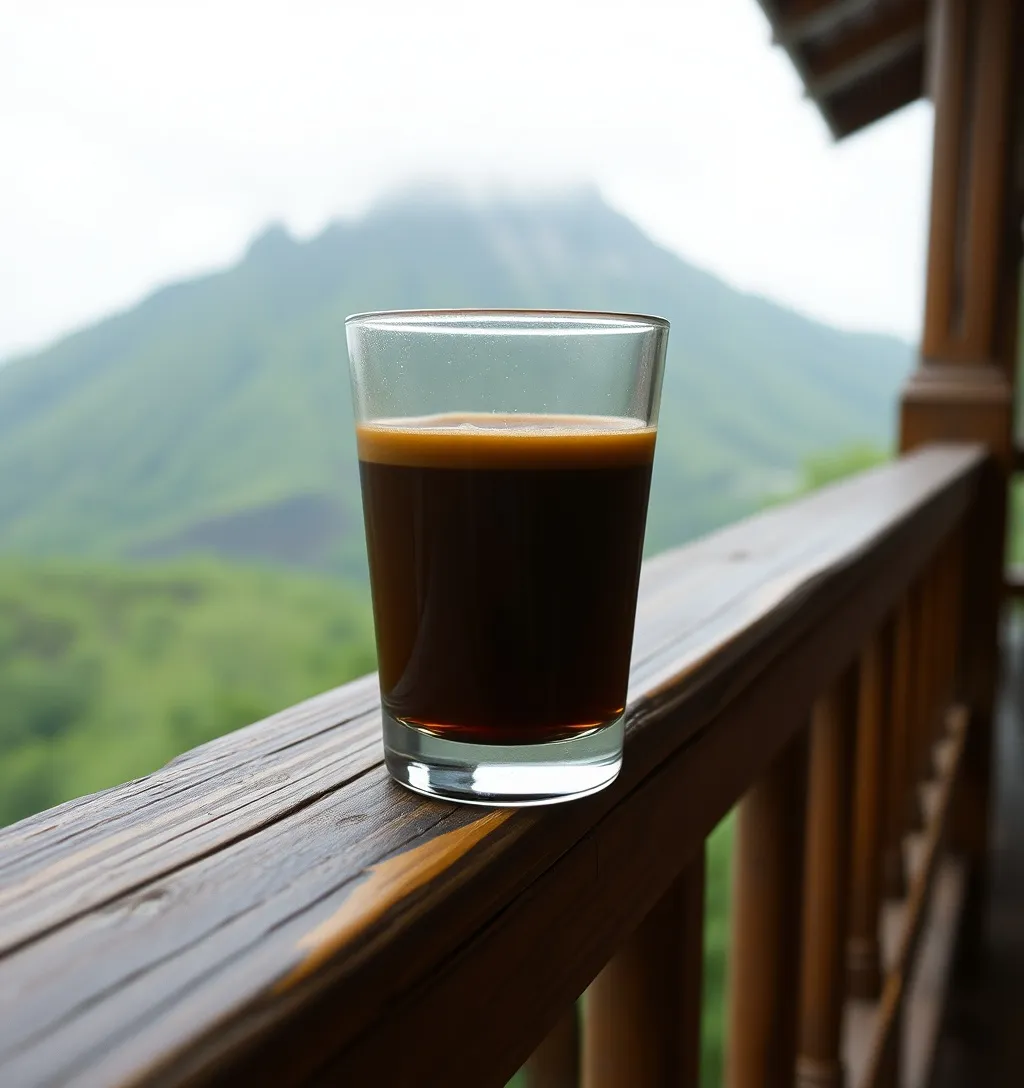 Segelas kopi tubruk di pagar kayu teras