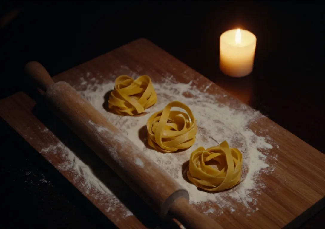 Nests of hand-cut tagliatelle on a floured wooden board beside a long rolling pin