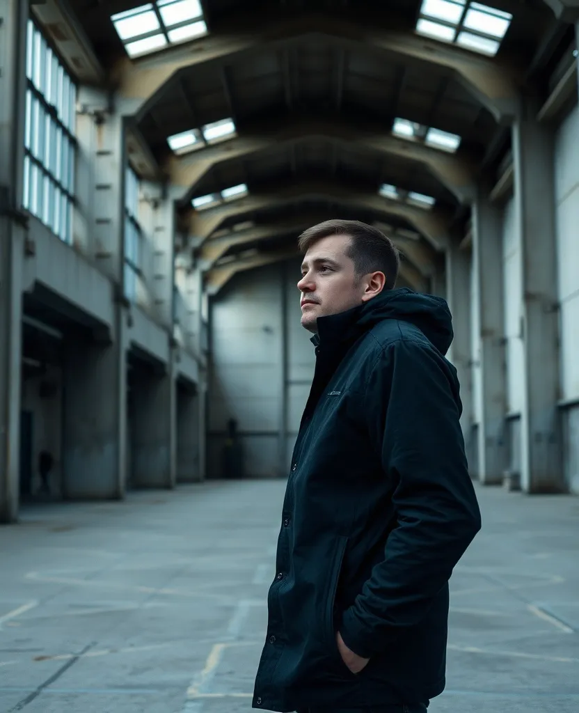 A designer standing in a large concrete hall