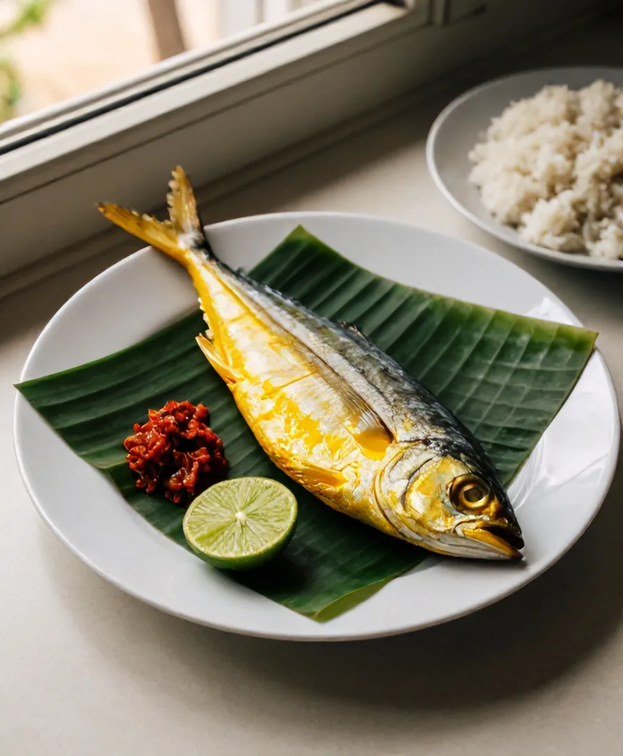 Satu bandeng presto goreng keemasan dengan sambal dan jeruk nipis
