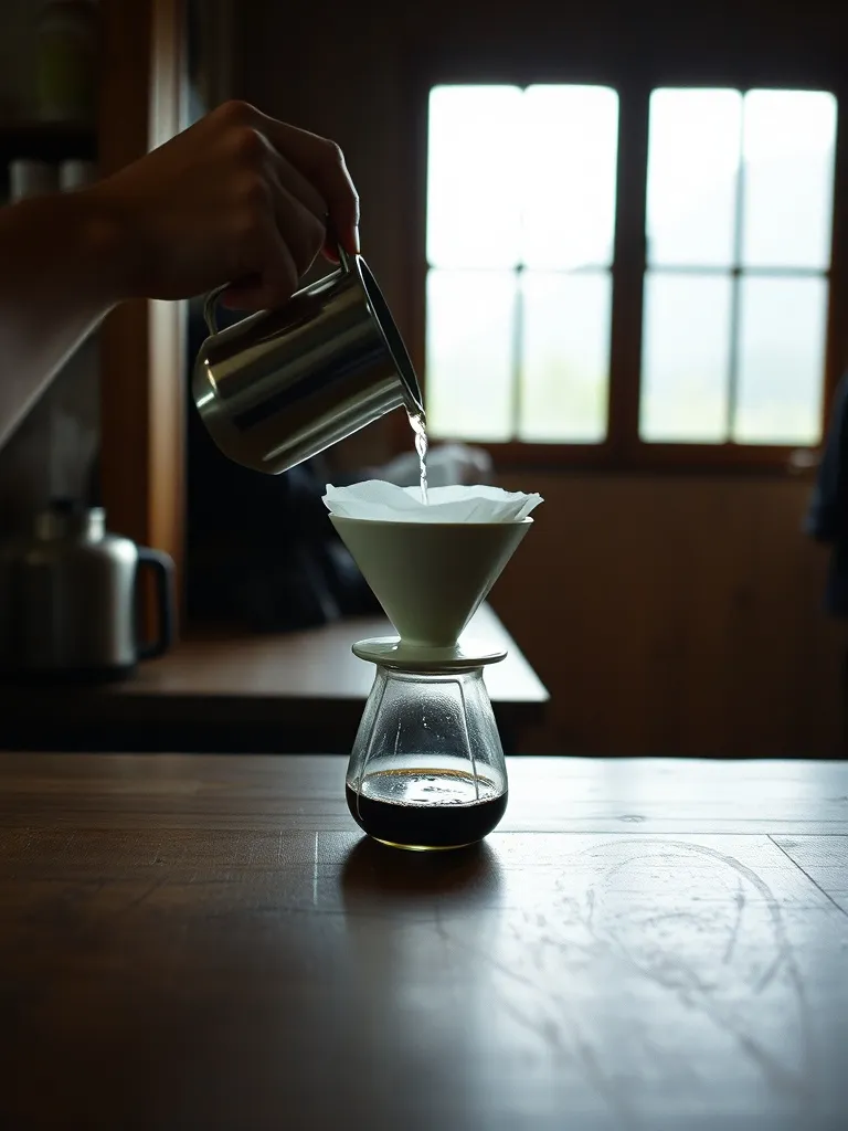 Tangan menuang air panas ke V60 di meja kayu