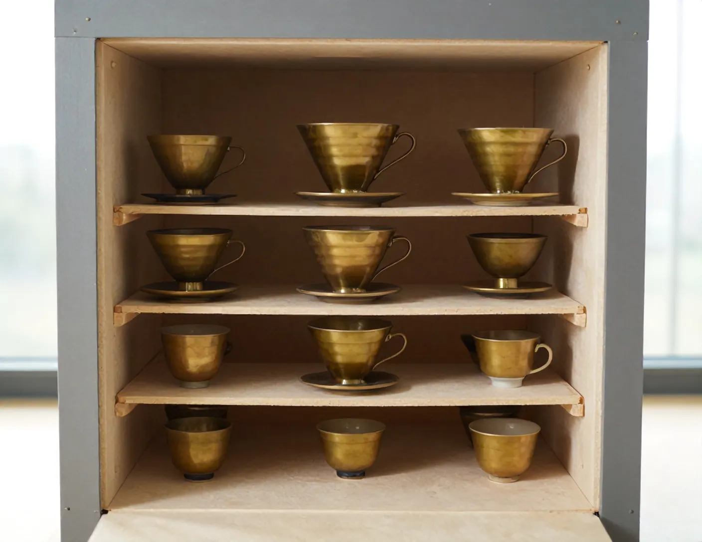 An opened kiln with shelves of freshly fired drippers and cups in slightly different shades