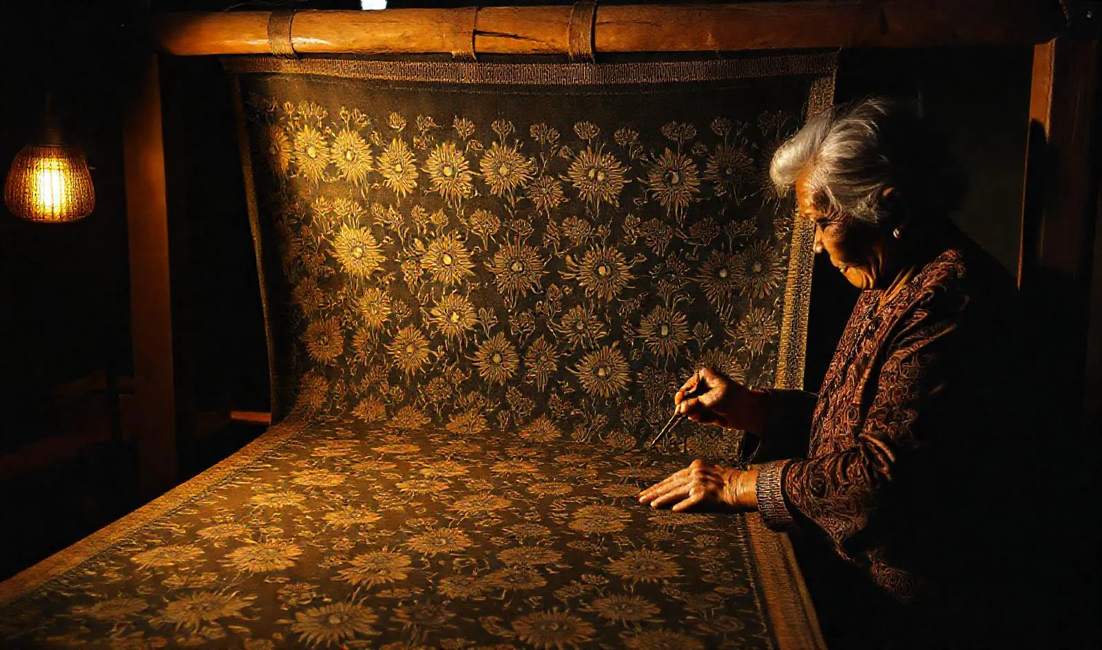 Seorang ibu berkebaya menorehkan malam dengan canting pada kain batik yang tergantung di gawangan kayu