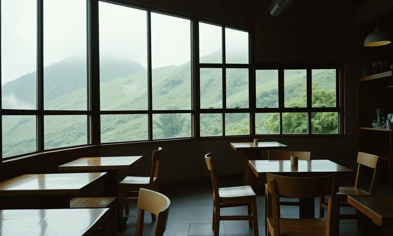 Ruang kedai dengan kursi kayu dan jendela ke lereng