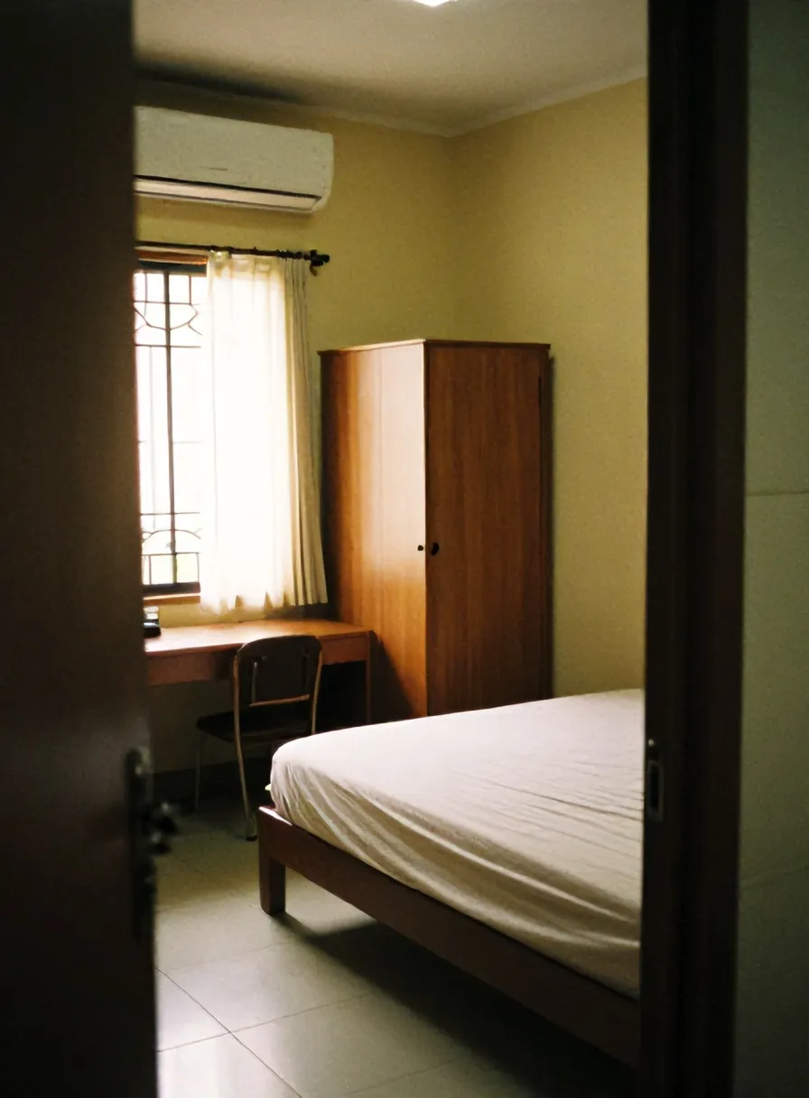 Kamar Wisma Melati: kasur, AC, lemari kayu, dan meja belajar di dekat jendela bertirai