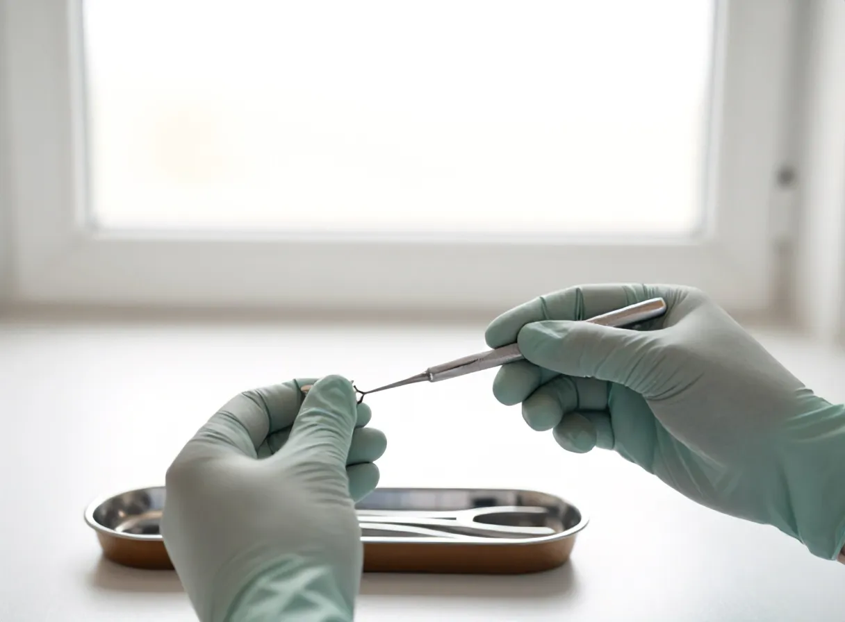 Tangan bersarung dokter gigi memegang scaler