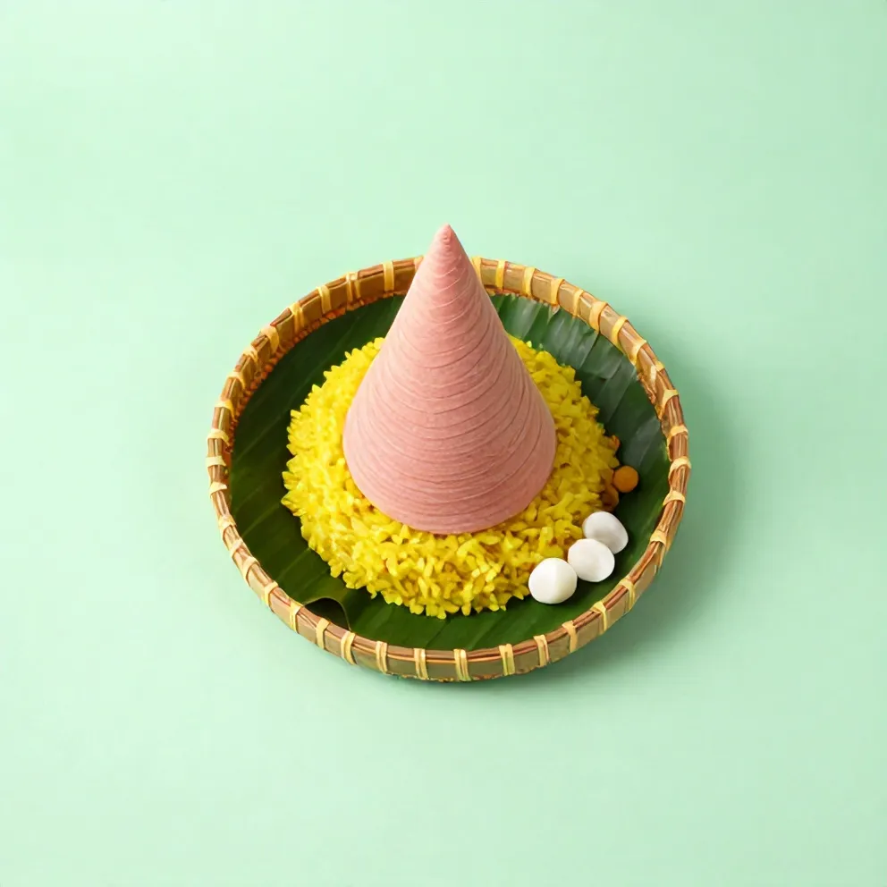 Tumpeng nasi kuning di tampah beralas daun pisang