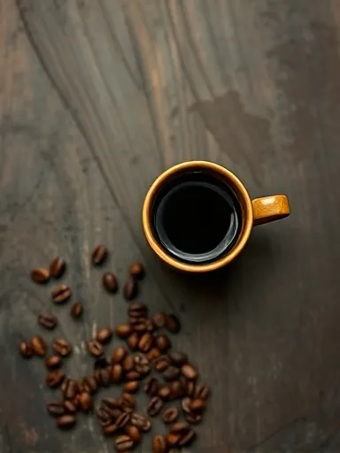 Secangkir kopi hitam dan biji sangrai di meja kayu