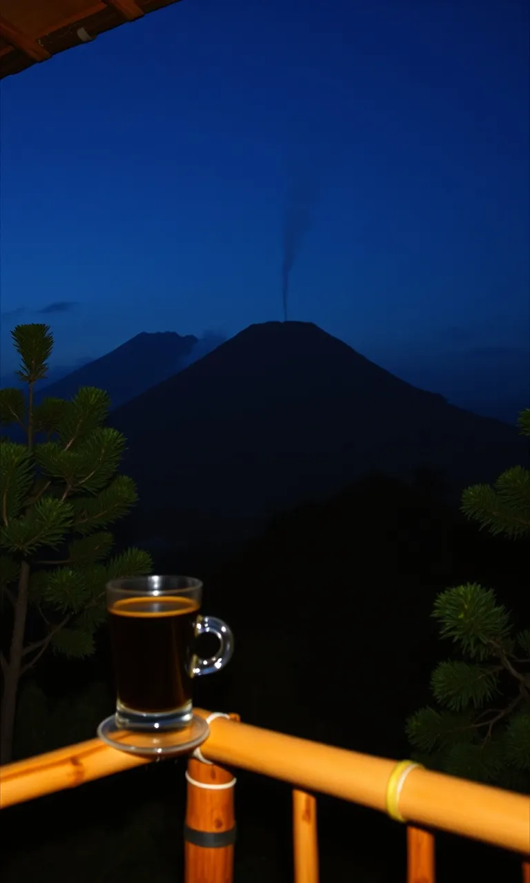 Kerucut Merapi saat fajar dilihat dari teras bambu Kopi Lereng, segelas kopi di pagar teras