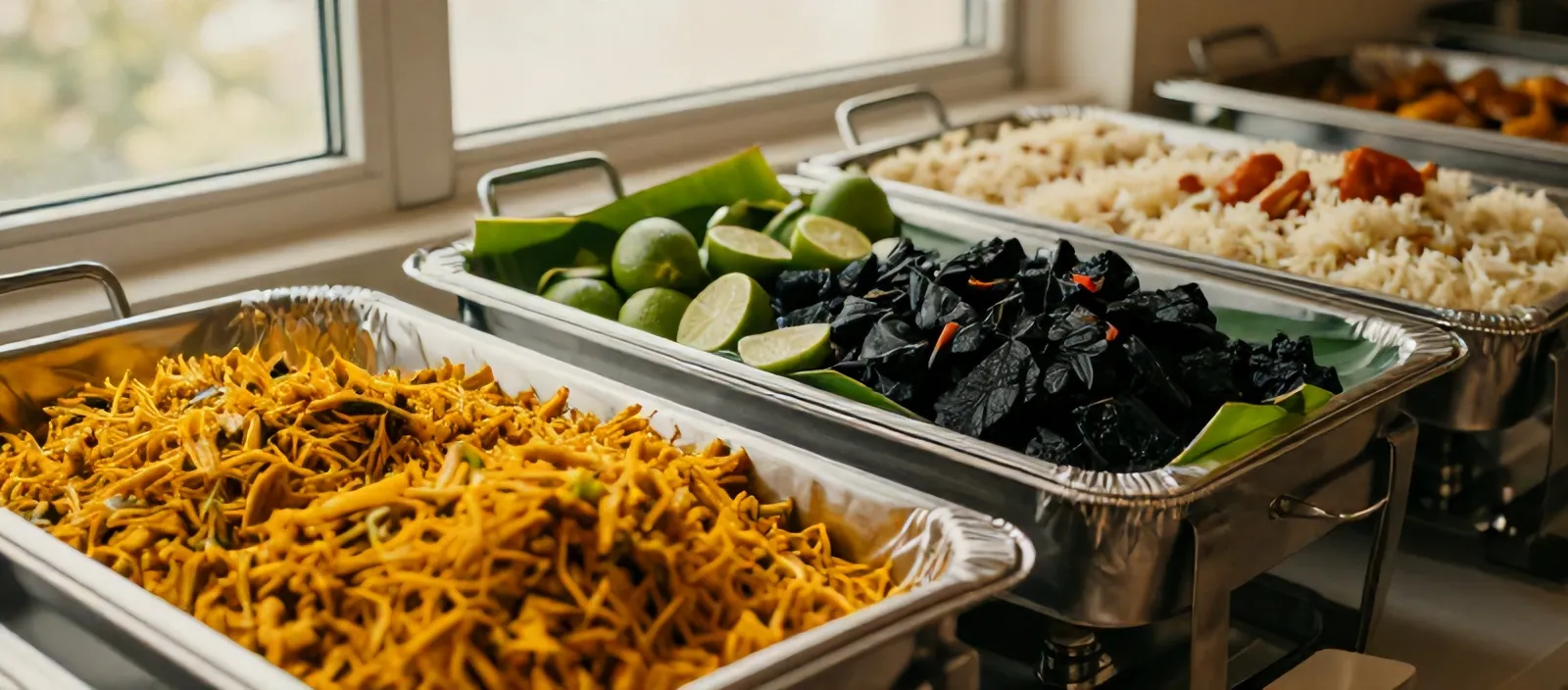 Prasmanan wadah aluminium berisi nasi, sayur, dan lauk