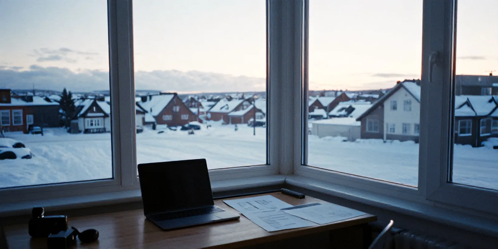 A studio corner in Södermalm at winter dusk, with a desk, a closed laptop and pencil sketches