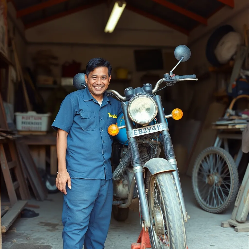 Mekanik Jaya Abadi di samping motor di dongkrak