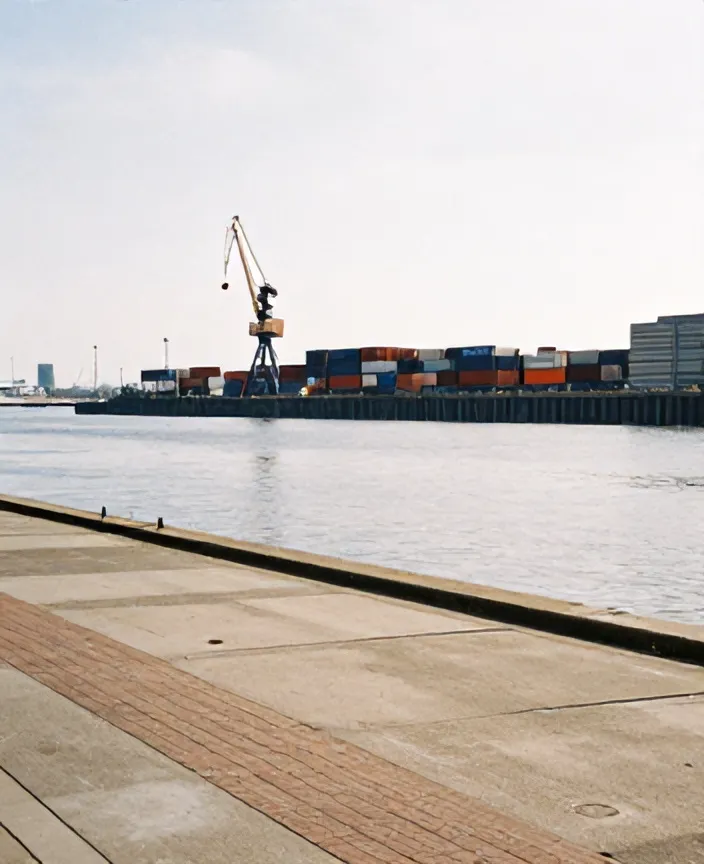The Maashaven quay in Rotterdam with container stacks and a crane
