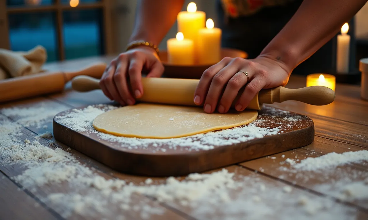 Hands rolling pasta dough on a floured wooden board