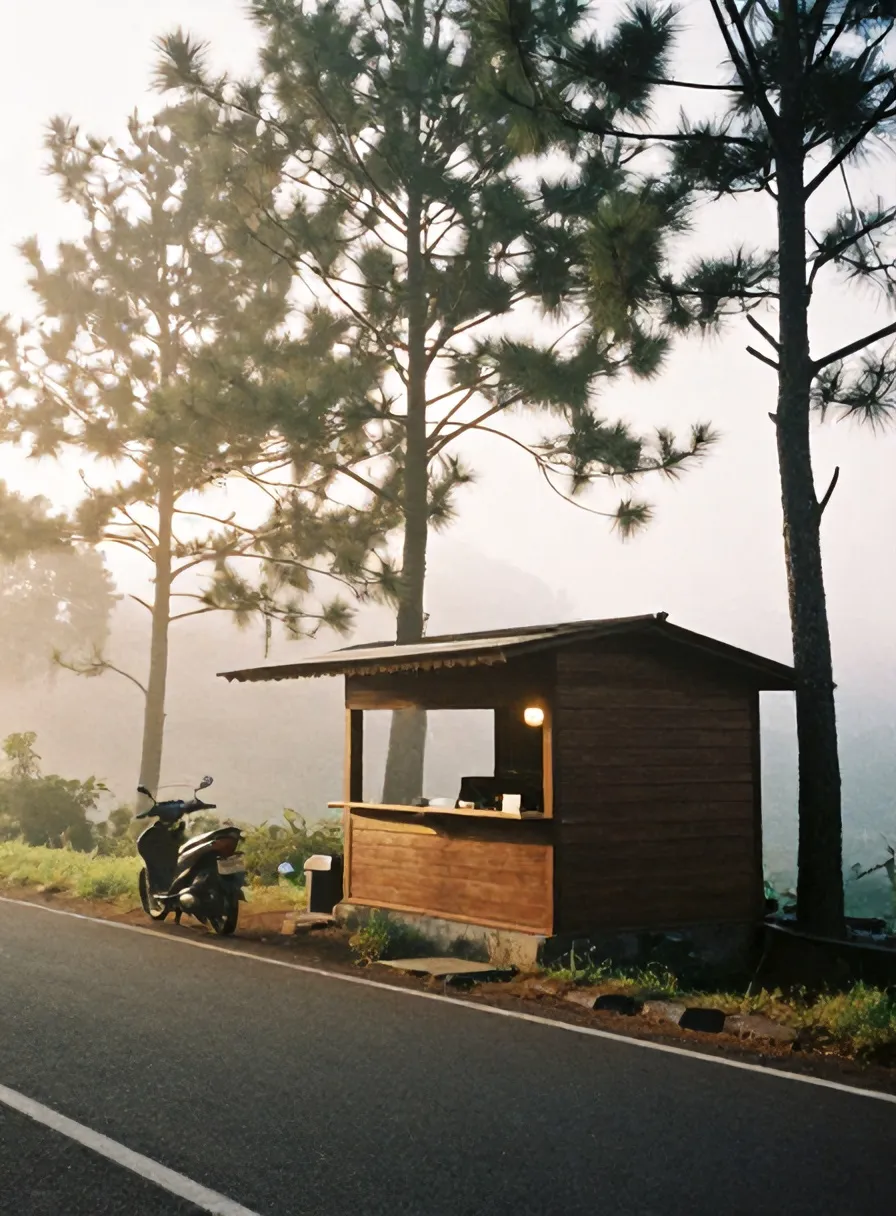 Tepi Jalan Kaliurang KM 22 dengan motor terparkir dan pohon pinus berkabut