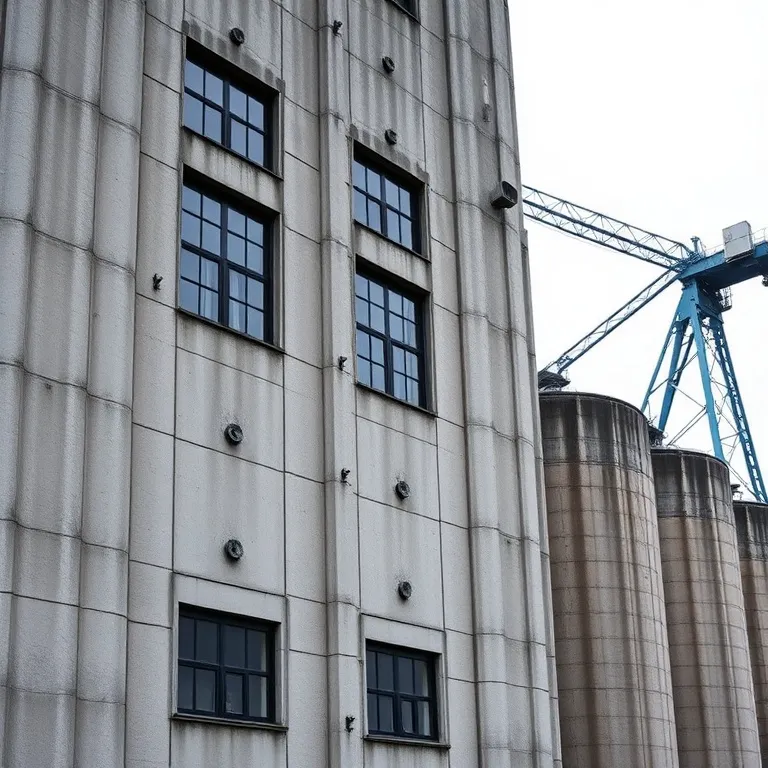 Concrete wall of the Maassilo grain silo with a harbour crane behind it