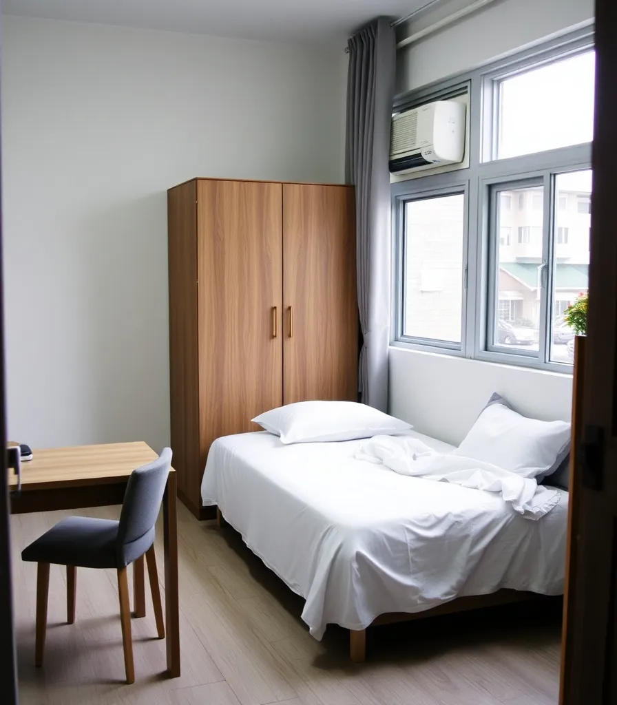 Kamar putri dengan kasur, lemari, dan meja belajar di dekat jendela