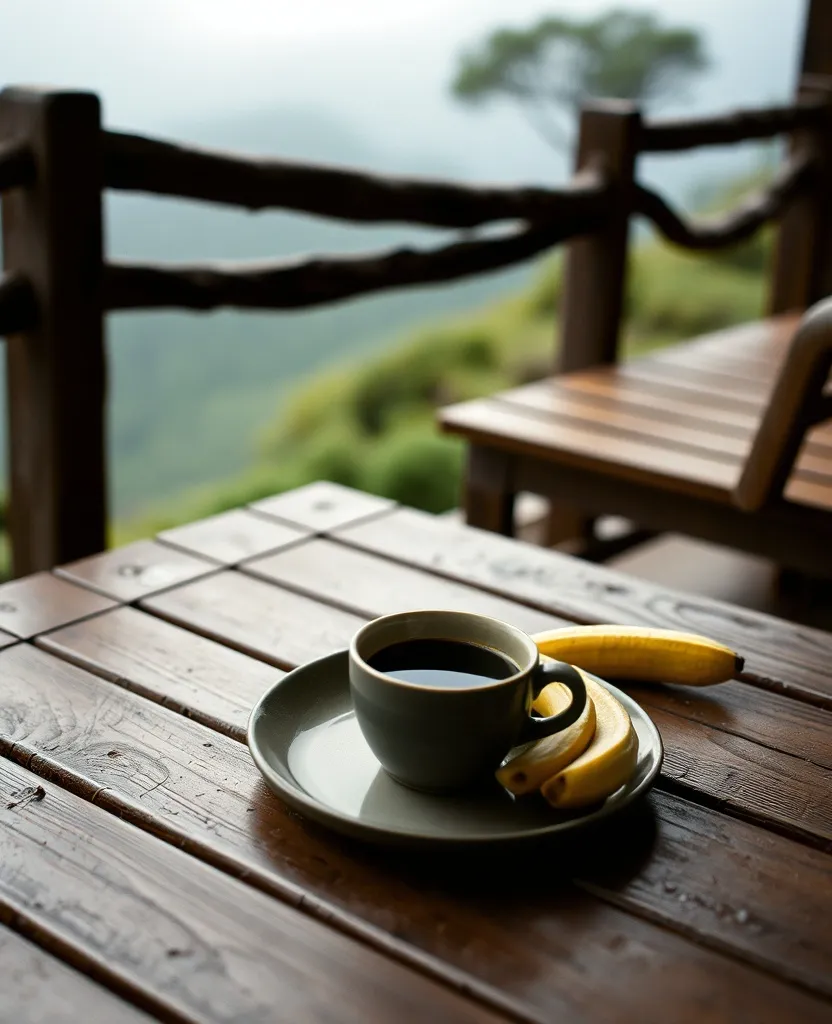 Kopi tubruk dan pisang goreng di meja kayu