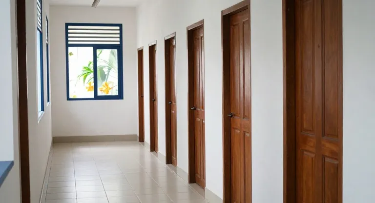 Lorong lantai atas dengan deretan pintu kamar kayu