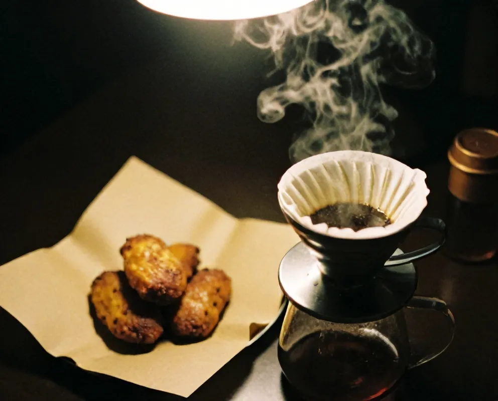 Pisang goreng di kertas cokelat dan V60
