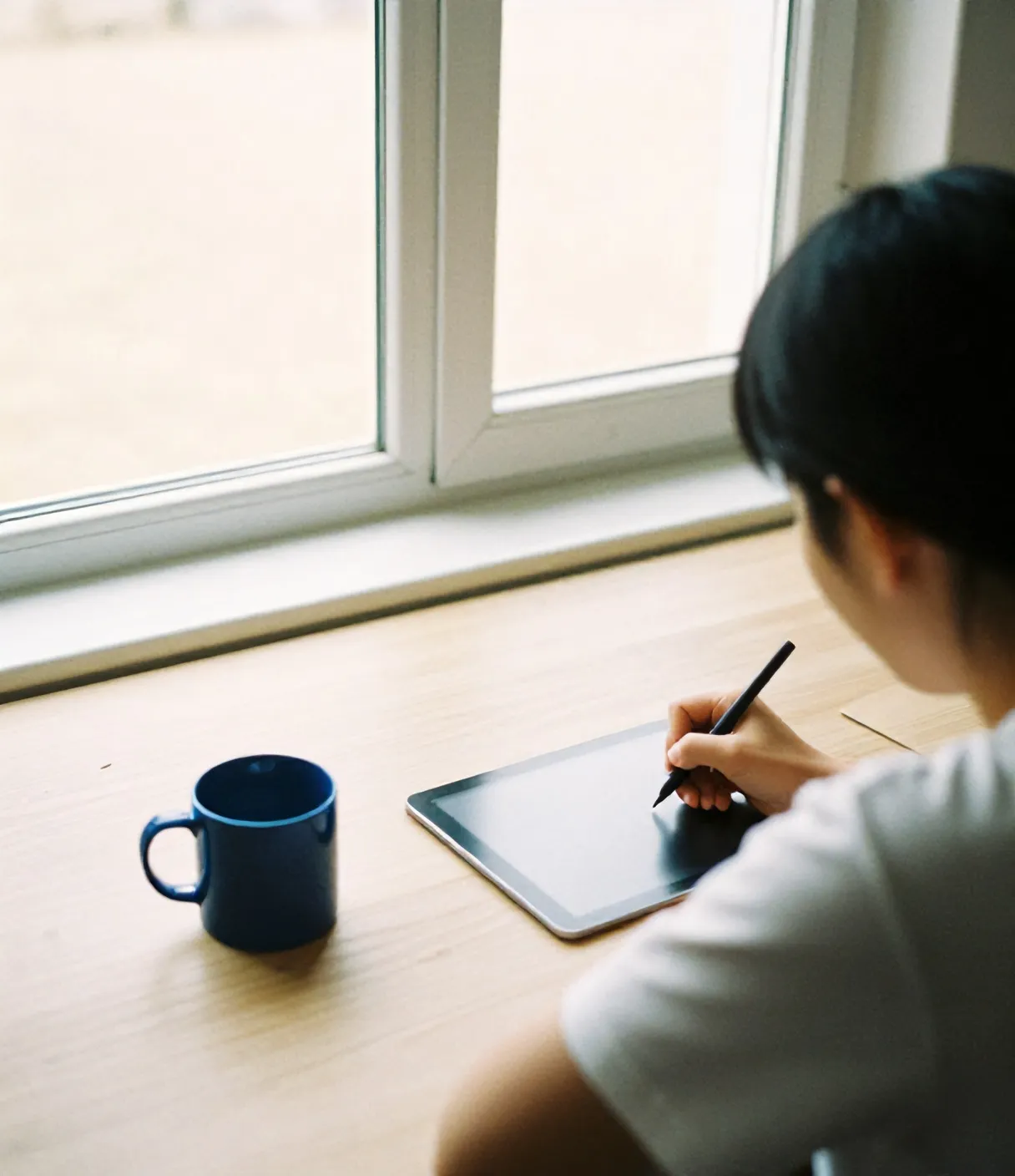 A designer seen from behind drawing on a tablet at a window desk, a cobalt mug beside her