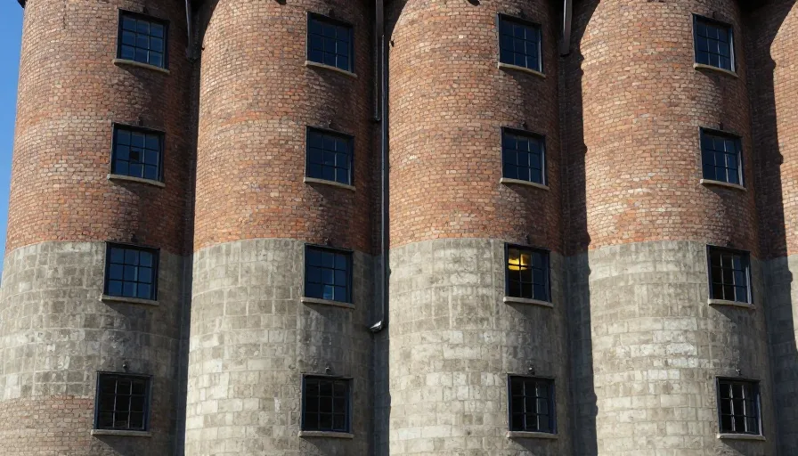 Brick and concrete facade of the silo with rows of small steel windows