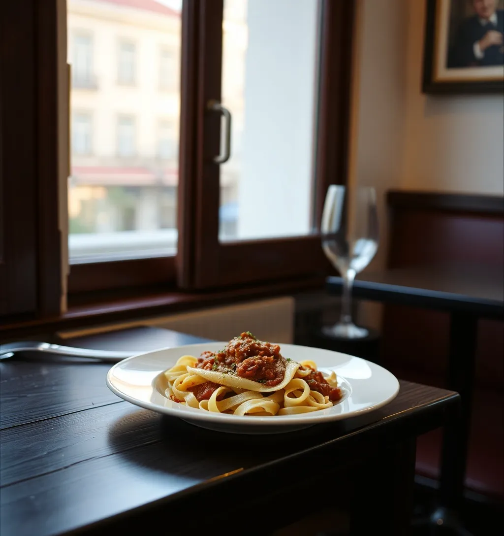 A plate of tagliatelle al ragù on a dark wooden table