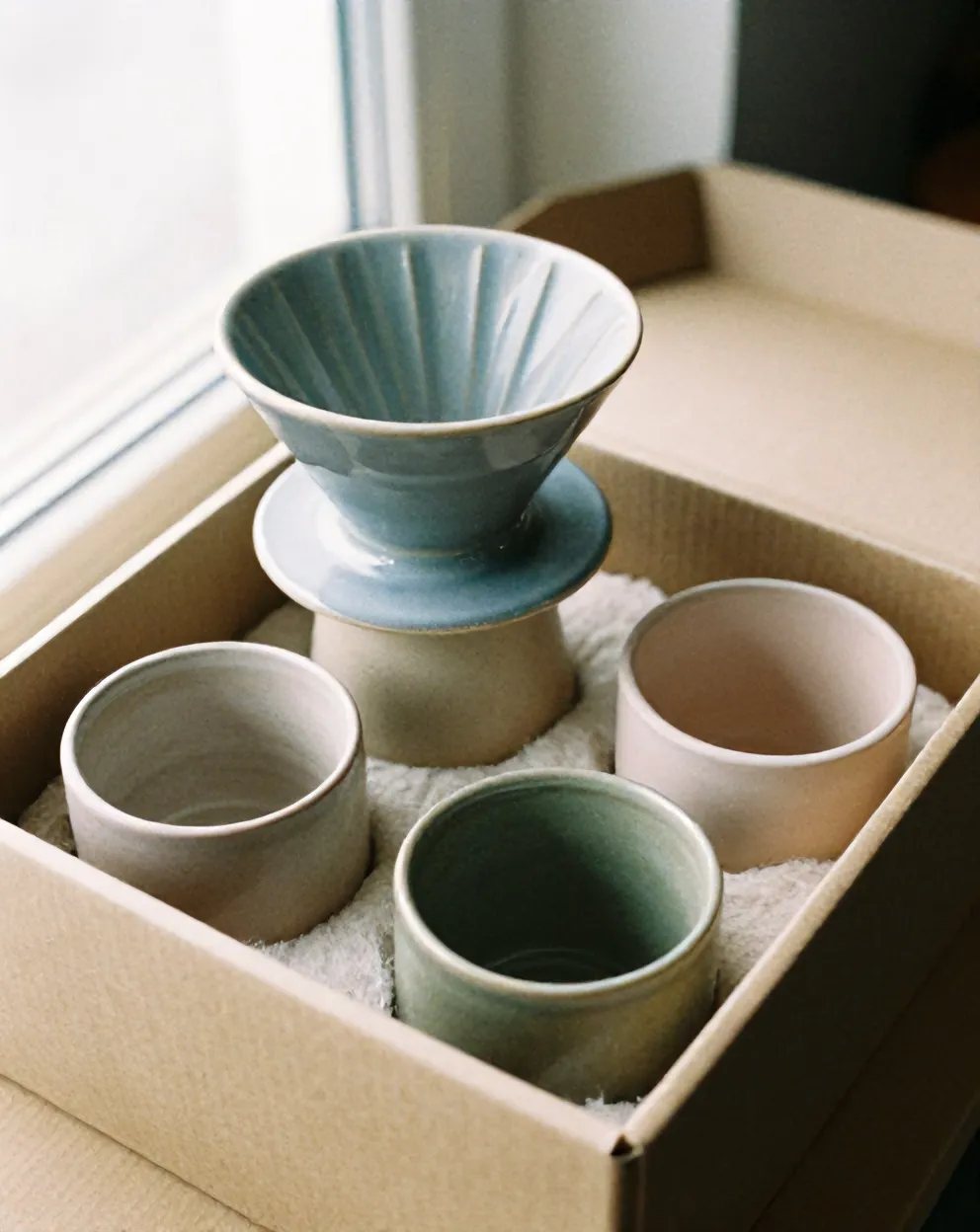 The Kiln pieces nested in a kraft box with paper wool