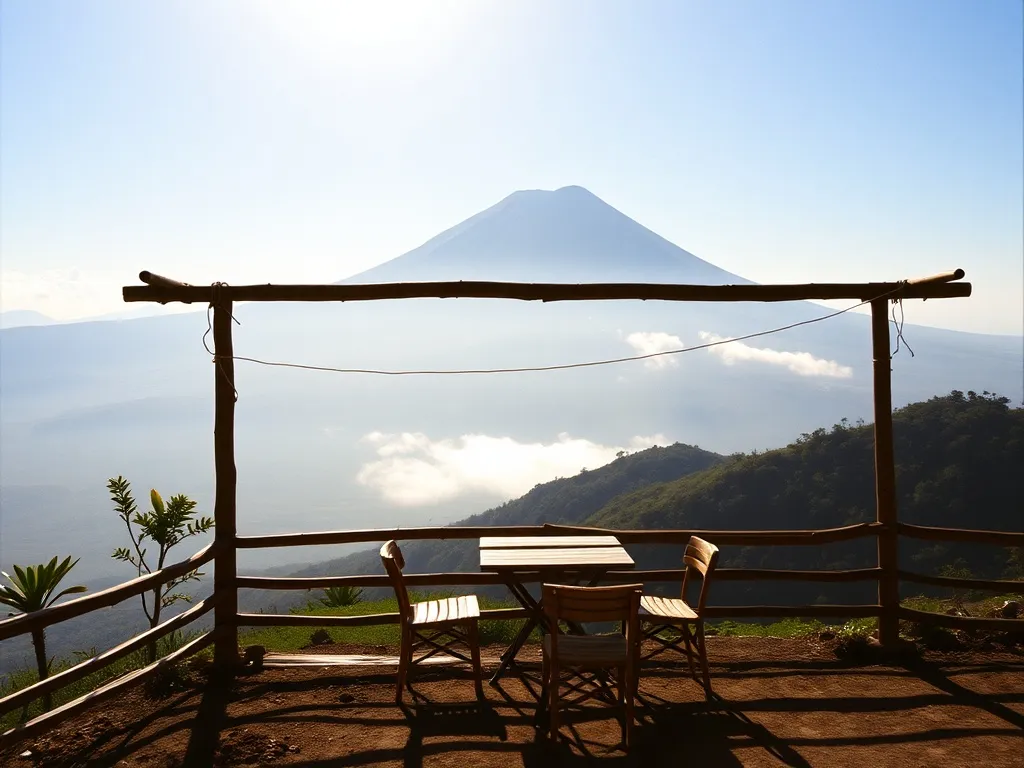 Teras kedai dengan meja kayu menghadap puncak Merapi di pagi cerah