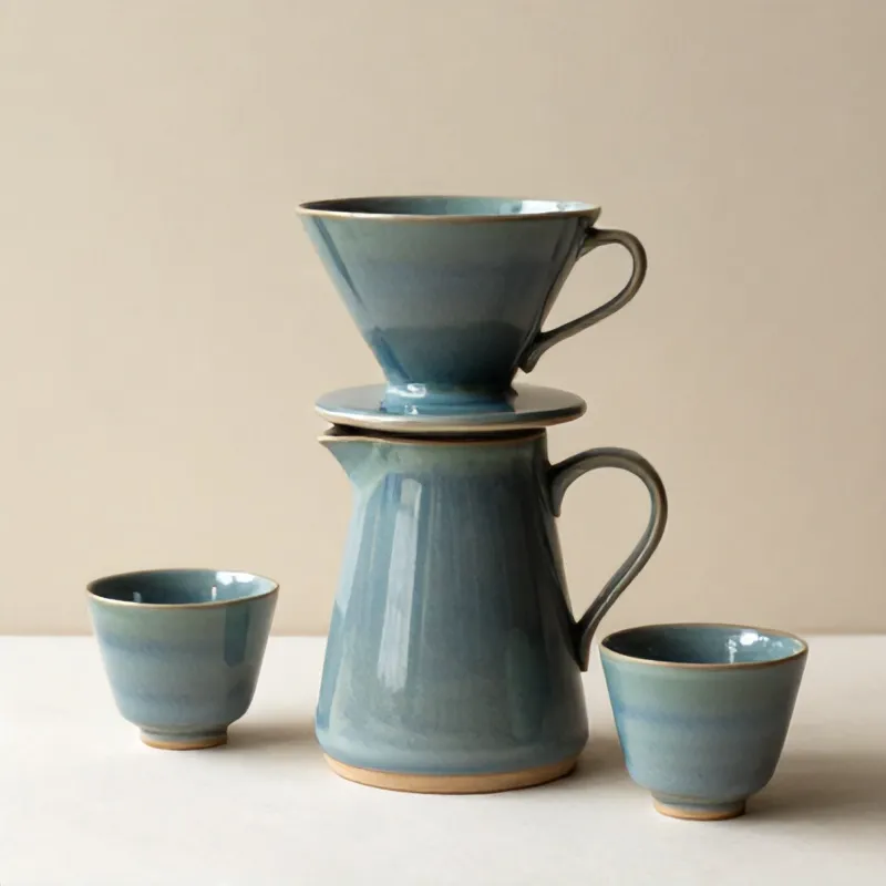 Kiln dripper, carafe and two cups together