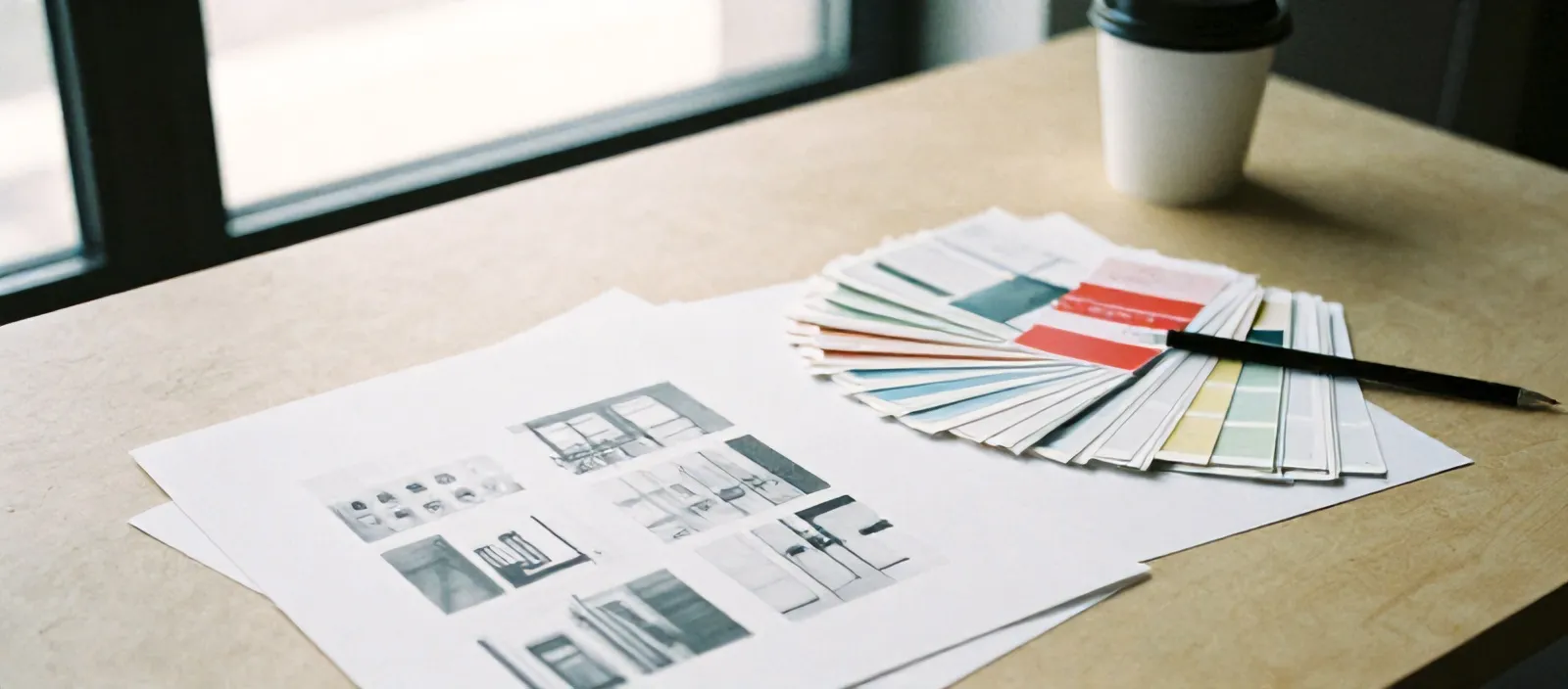 A designer's desk with printed proofs, a swatch fan and a coffee cup