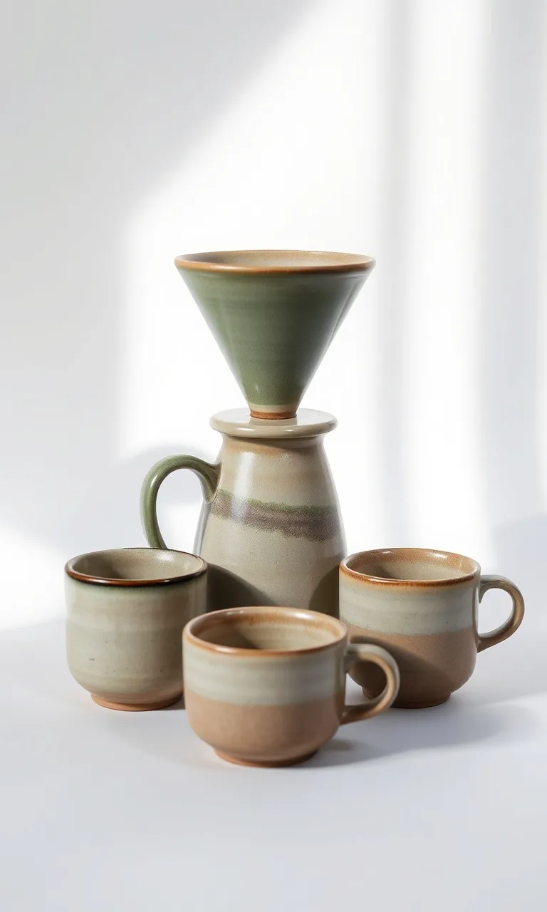 The full Kiln set: sage-glazed dripper on its carafe beside two handleless cups