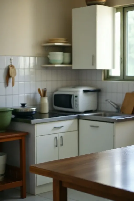 Dapur bersama dengan meja kayu dan penanak nasi