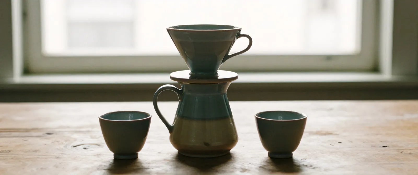 The Kiln set on a worn wooden table: the dripper resting on the round carafe, two handleless cups beside it, in sage and slate glaze