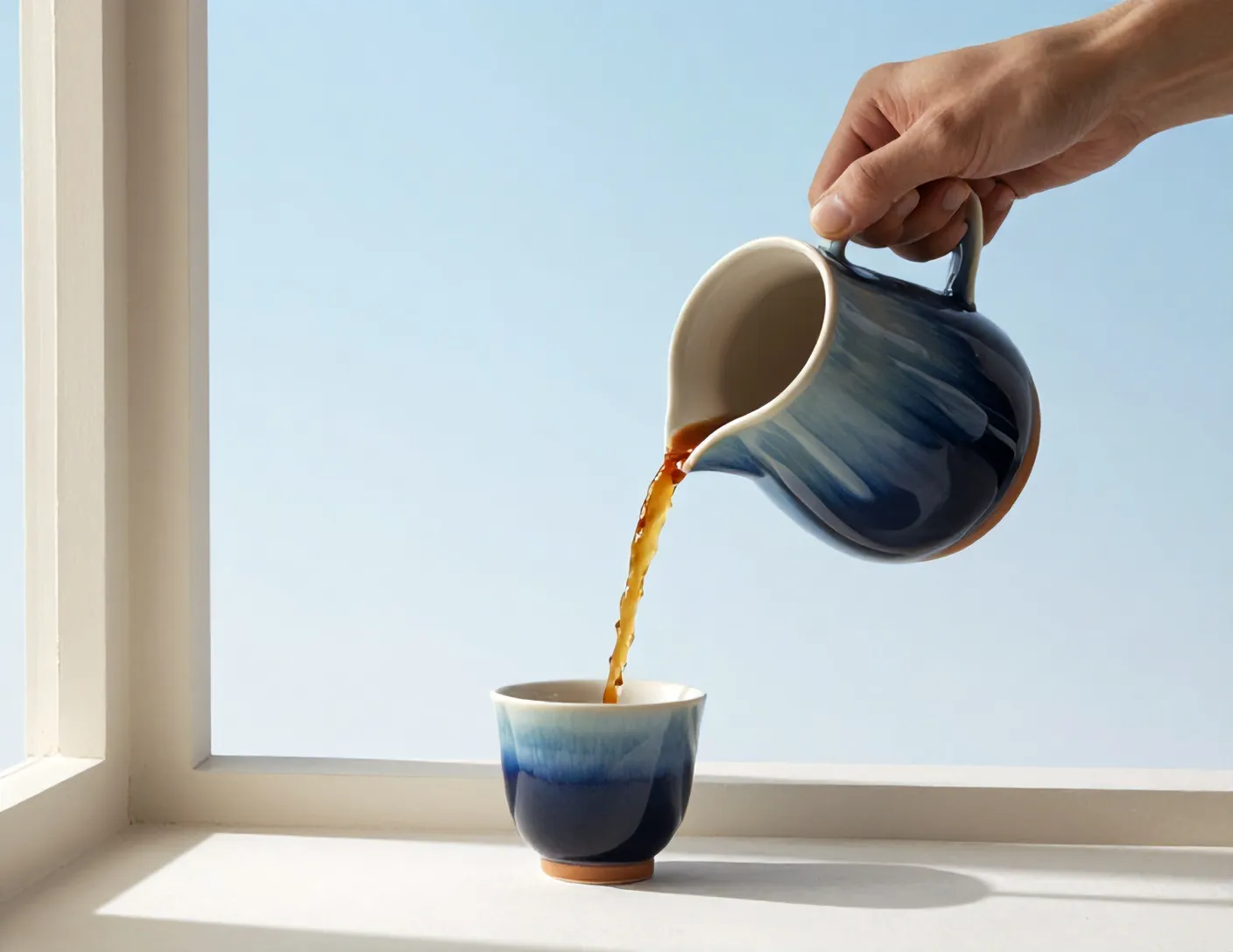Coffee poured from the Kiln carafe into a cup by a sunny window