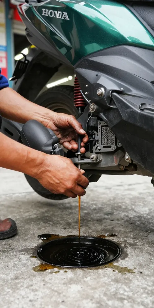 Oli lama mengalir ke wadah dari baut kuras Honda Beat
