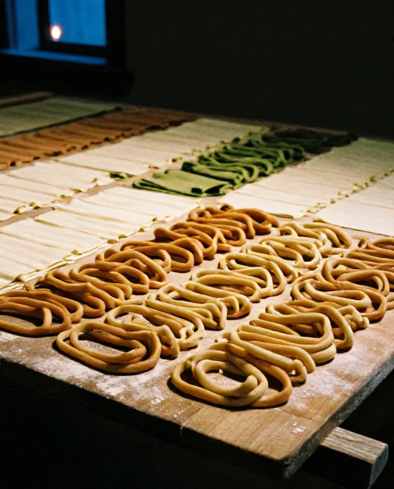 Hand-rolled pici resting on a semolina-dusted board